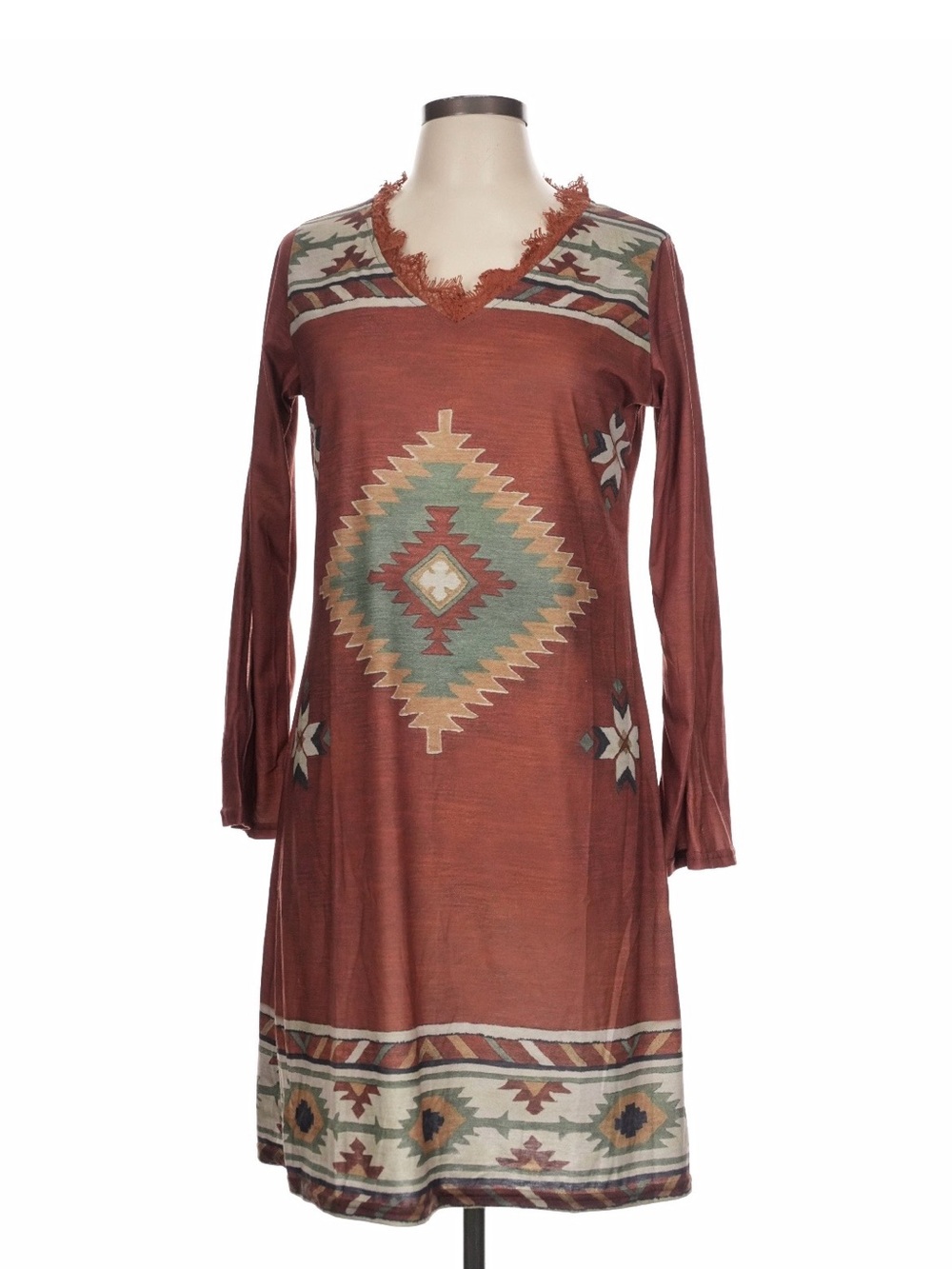 Rust Southwestern Print V-Neck Tunic Dress